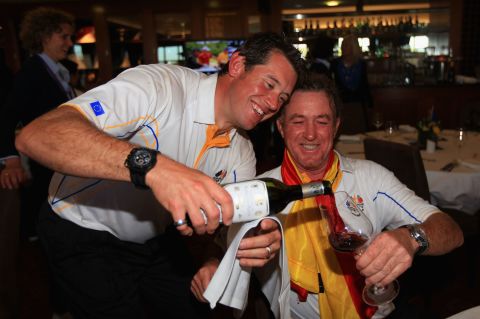 Jimenez and Ryder Cup teammate Lee Westwood toast Europe's victory in the 2010 event at Celtic Manor in Newport, Wales.