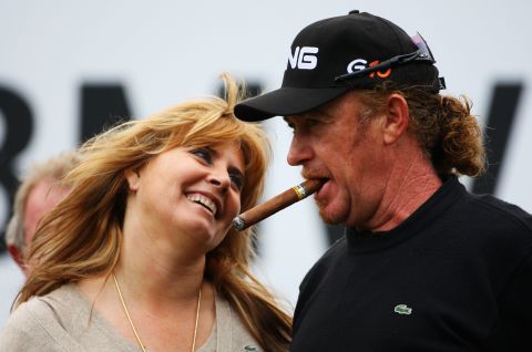 Jimenez with ex-wife Monserrat after winning the European Tour's flagship PGA Championship event in 2008. 