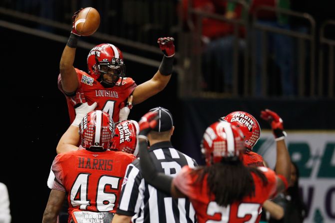 Louisiana-Lafayette's Javone Lawson celebrates after scoring a touchdown against East Carolina on December 22.