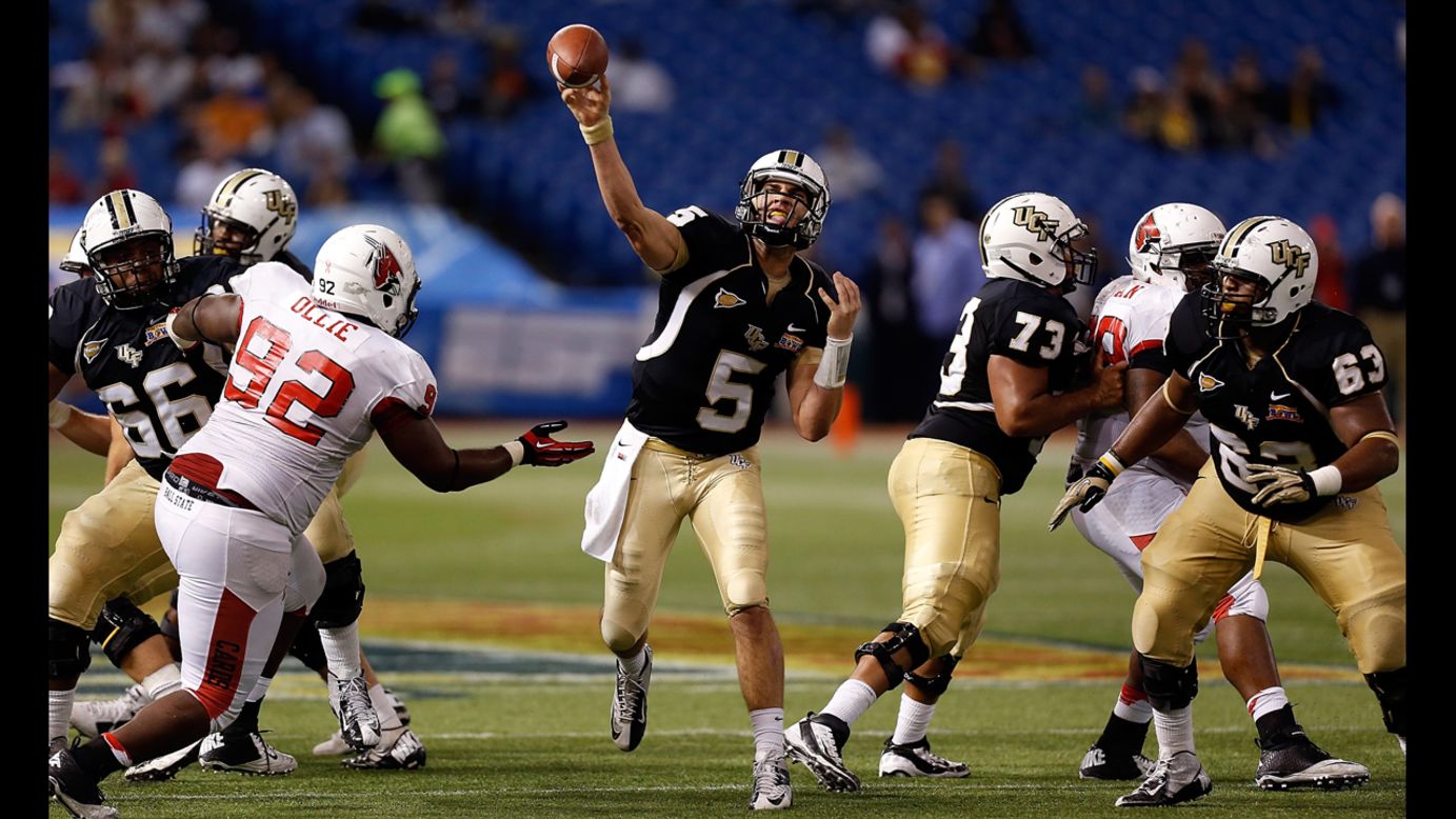 Blake Bortles of the Central Florida Knights throws a pass against the Ball State Cardinals on December 21.