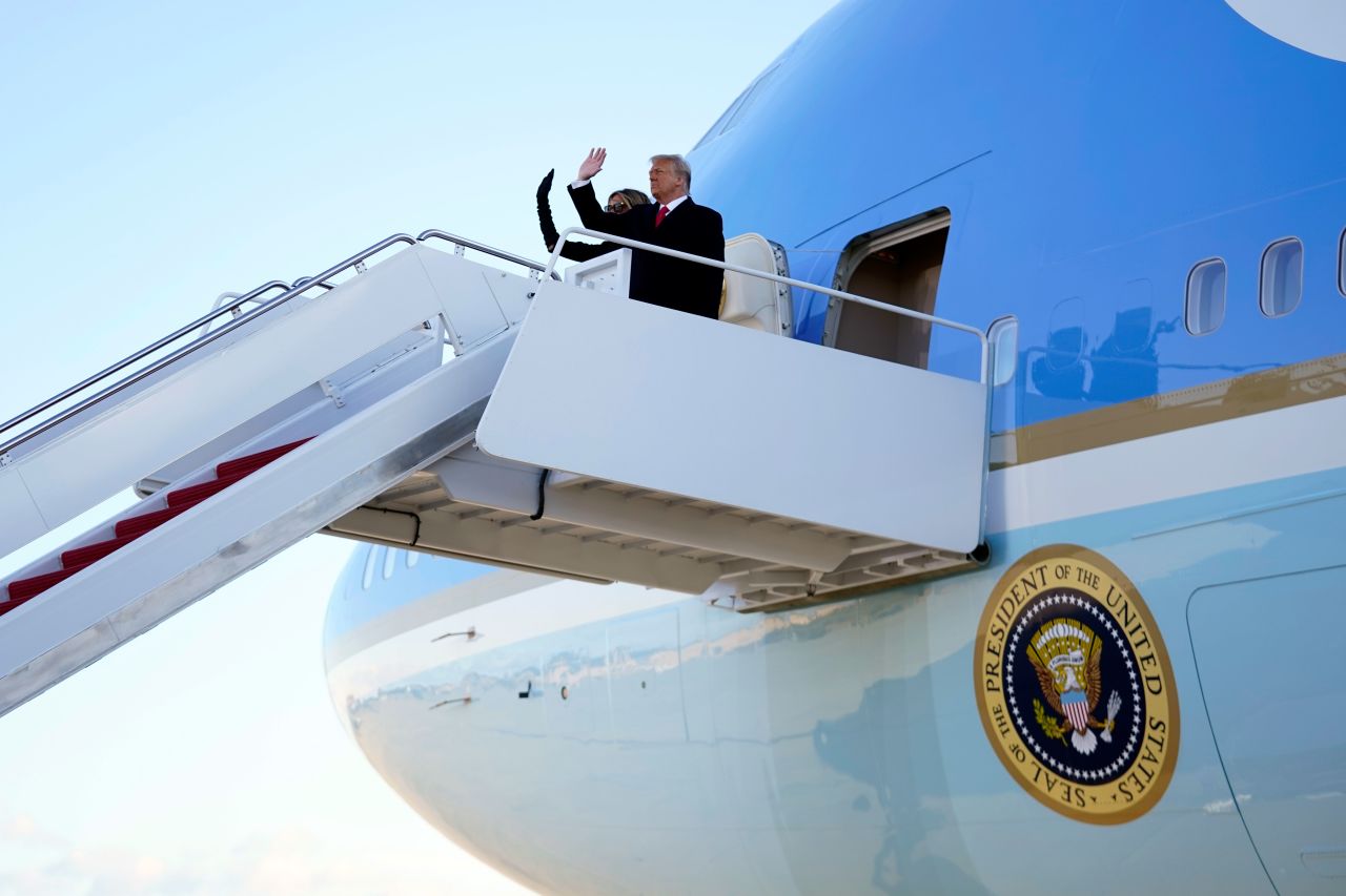 President Donald Trump and first lady Melania Trump board Air Force One at Joint Base Andrews in Maryland on January 20.