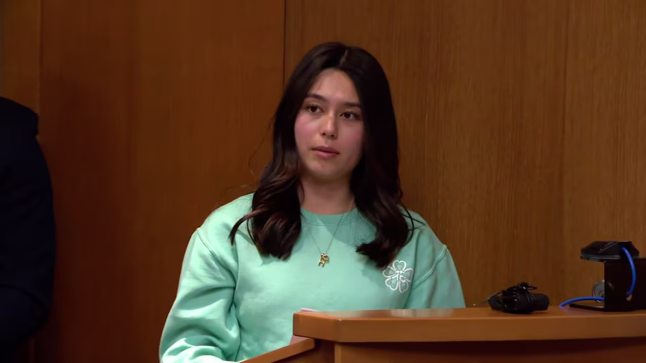 Reina St. Juliana, sister of Hana, gives a victim impact statement in court on Tuesday.