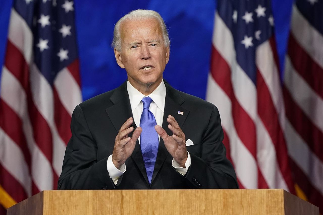 Democratic presidential candidate former Vice President Joe Biden speaks during the fourth day of the Democratic National Convention on Thursday, August 20, in Wilmington, Delaware.