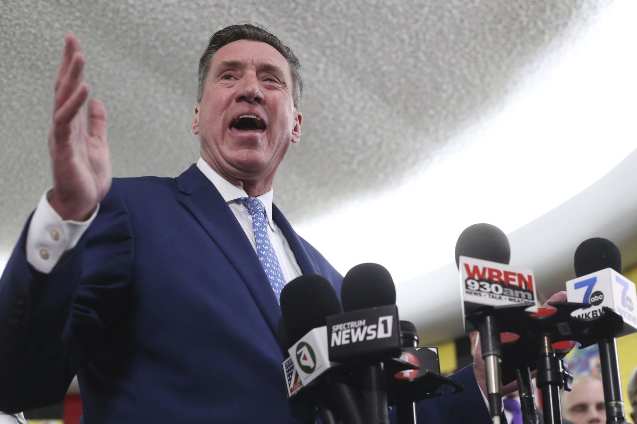 Erie County District Attorney John J. Flynn speaks at a press conference after a shooting at a supermarket on in Buffalo, NY.