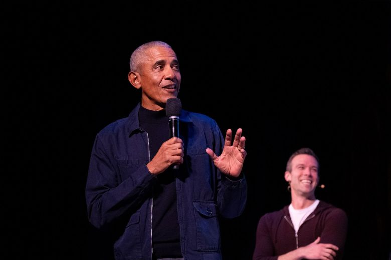 President Barack Obama in a surprise appearance at Pod Save America Live at the Warner Theater in Washington DC, on November 6, 2025.