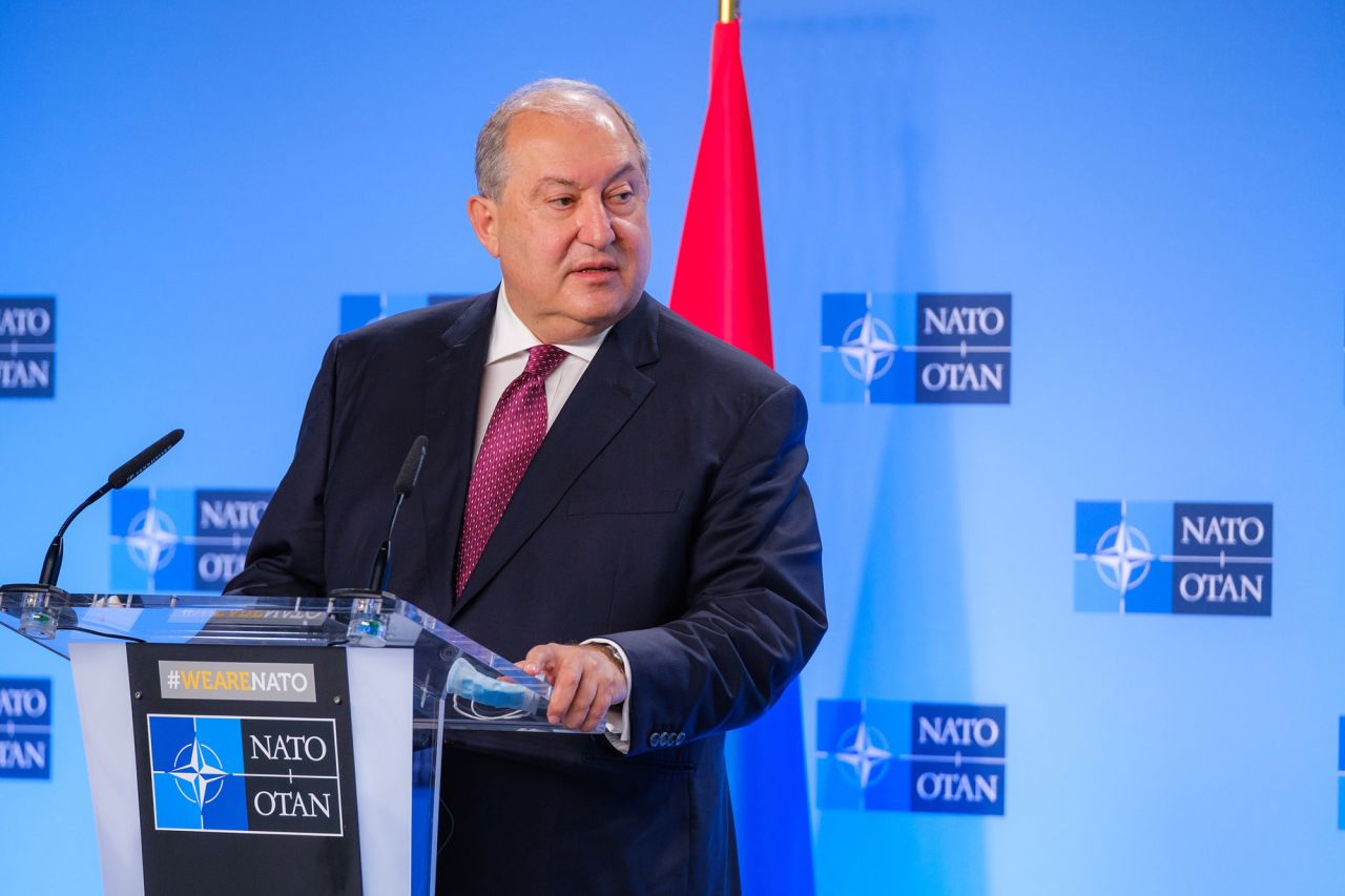 President of Armenia Armen Sarkissian attends a press conference in Brussels, Belgium on October 21, 2020. 