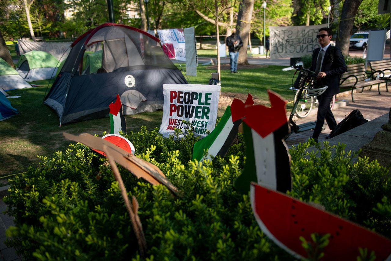 People occupy College Green at the University of Pennsylvania in Philadelphia on April 27.