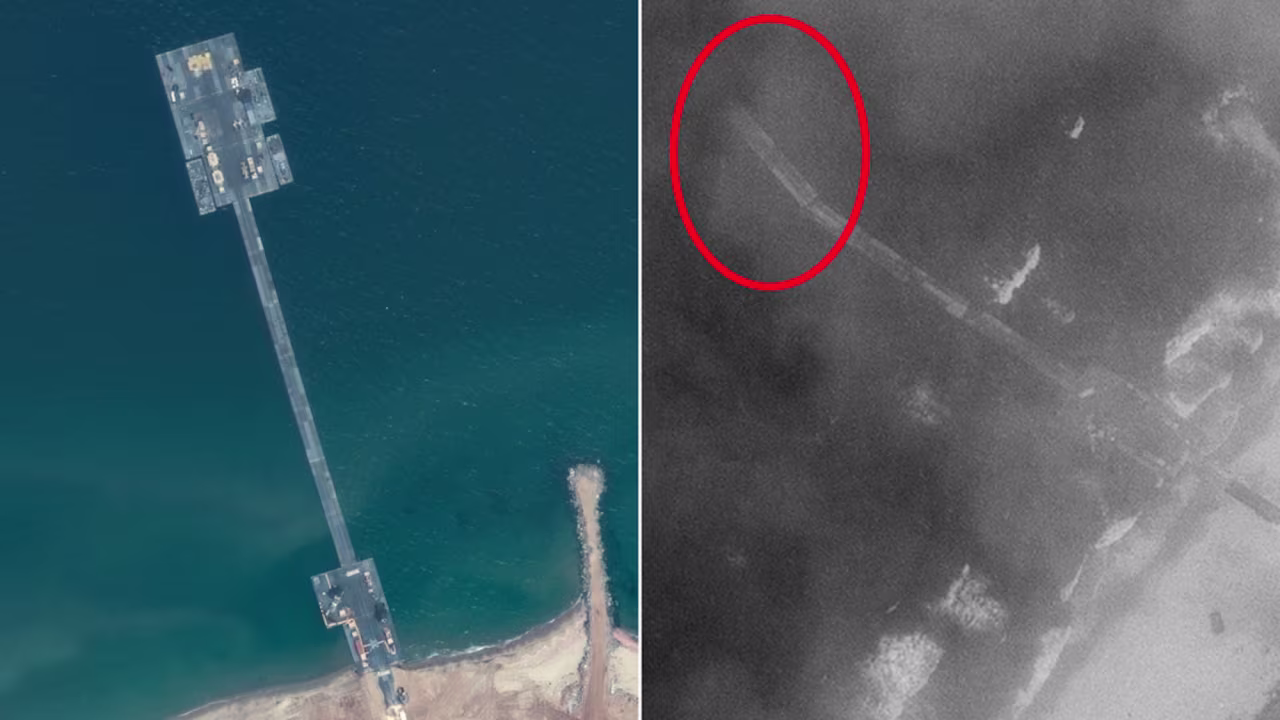 A Maxar Technologies satellite image, taken on Tuesday afternoon, right, shows a large section of the floating pier is missing. A May 18 satellite image, also from Maxar Technologies, left, shows how the pier is supposed to look. 