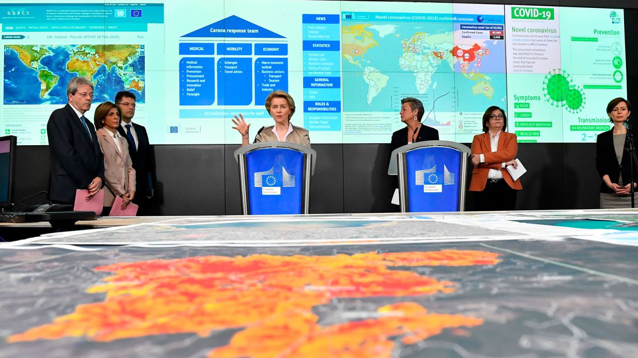 President of the European Commission President Ursula von der Leyen speaks during a press conference at the European Centre for Disease Prevention and Control in Brussels?on March 2.