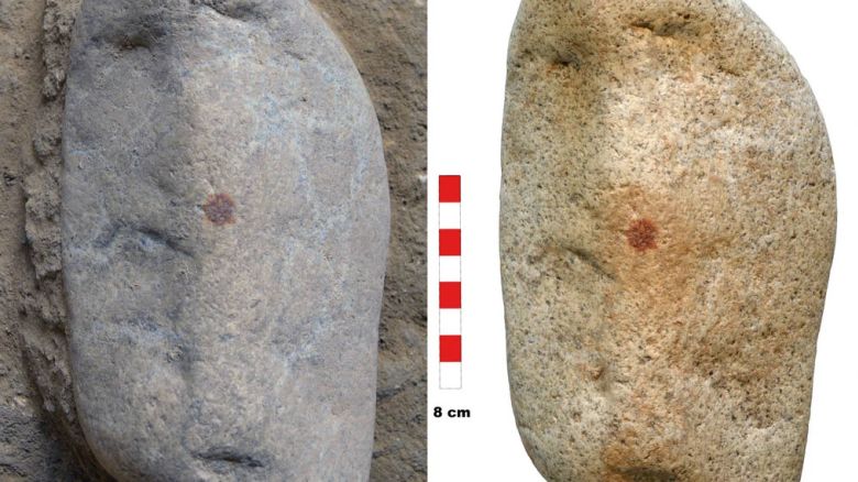 A. The object before being fully excavated; B. Once unearthed, it is possible to appreciate the three main cavities and the central position of the red dot.