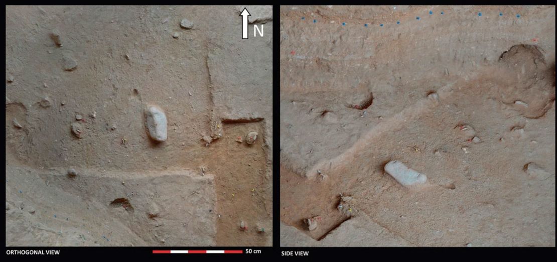 Links toont een foto de opgraving in de San Lázaro Rock-Shelter waar het archeologische artefact werd gevonden. Rechts is een afbeelding van het 3D -model dat is verkregen voor de documentatie van de opgraving.