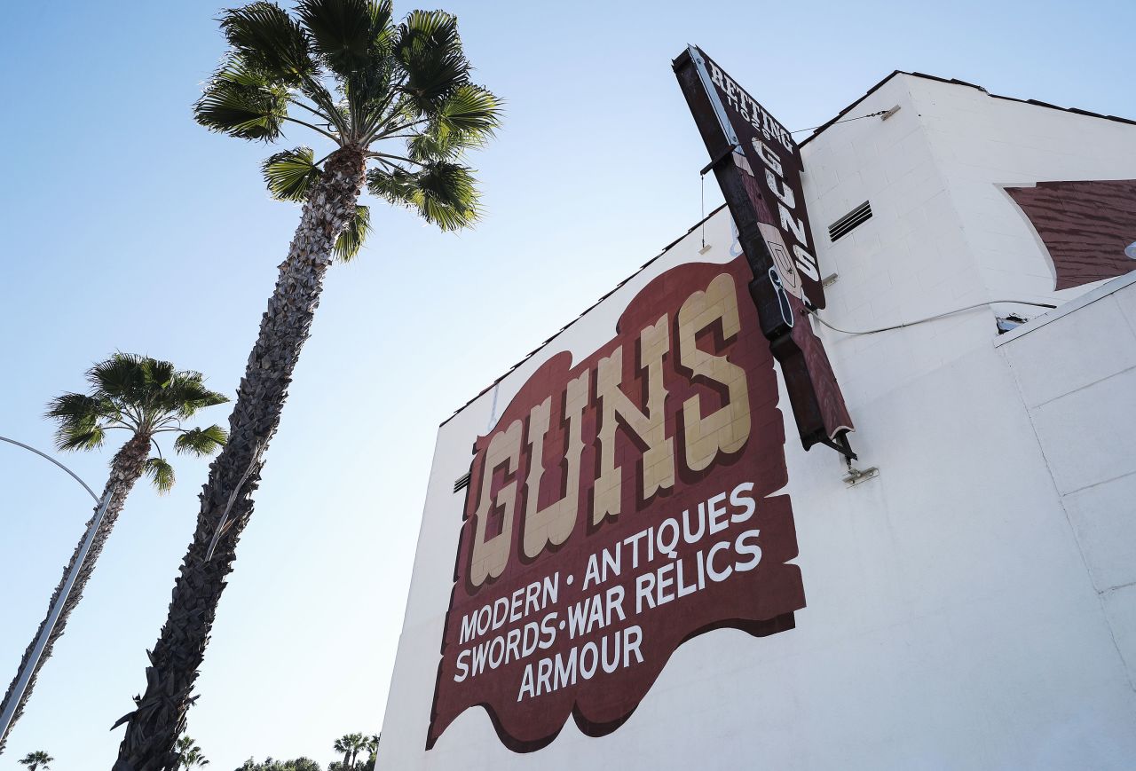 Palm trees stand next to the Martin B. Retting gun store on March 24 in Culver City, California.