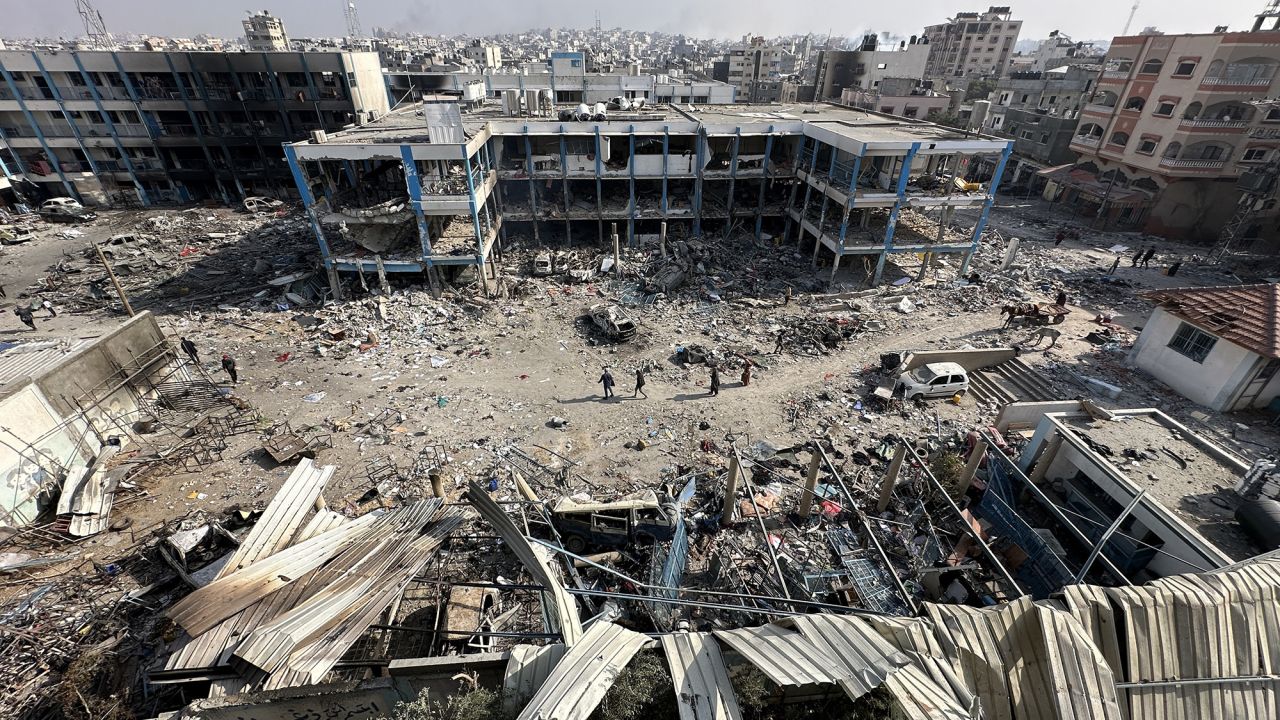 An aerial view of a destroyed UNRWA Palestinian school following Israeli attacks in Jabalya, Gaza, on December 12.