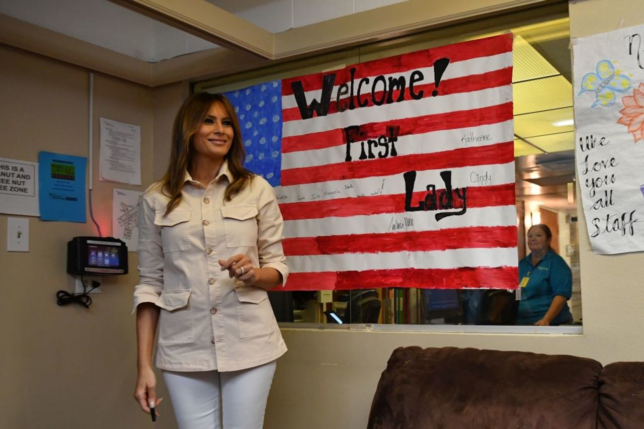 US First Lady Melania Trump visits the Luthern Social Services of the South's Upbring New Hope Children Center in McAllen, Texas on June 21, 2018.