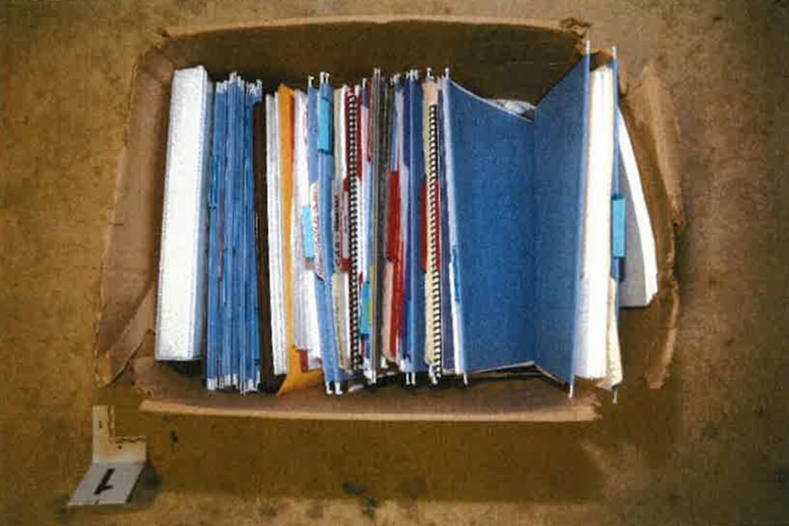 This photo from the Department of Justice shows a box of documents, some containing classified material, from President Joe Biden's Delaware garage on December 21, 2022.