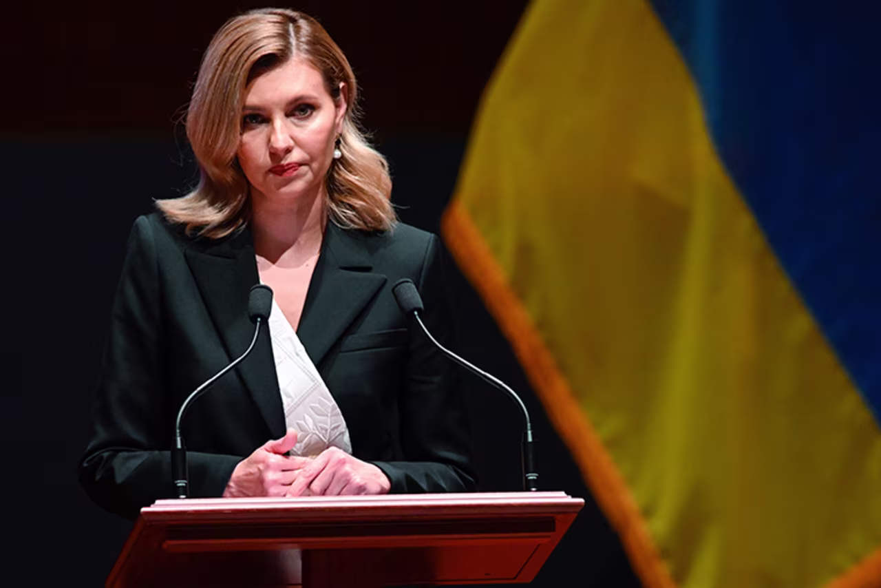 Olena Zelenska, the first lady of Ukraine, addresses members of Congress on Capitol Hill in Washington, DC, on Wednesday, July 20. 