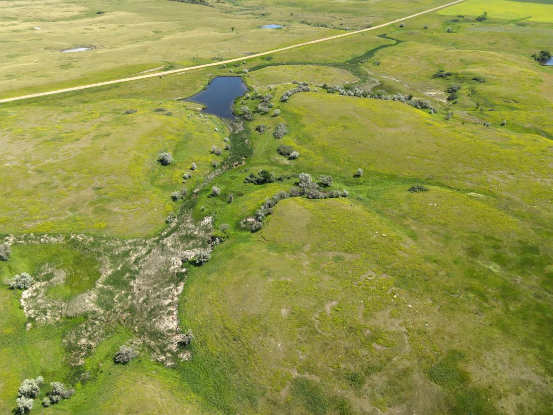 An aerial view of native prairie and wetlands on Kurt Swenson's North Dakota property, where Summit Carbon Solutions wants to store carbon dioxide underground.