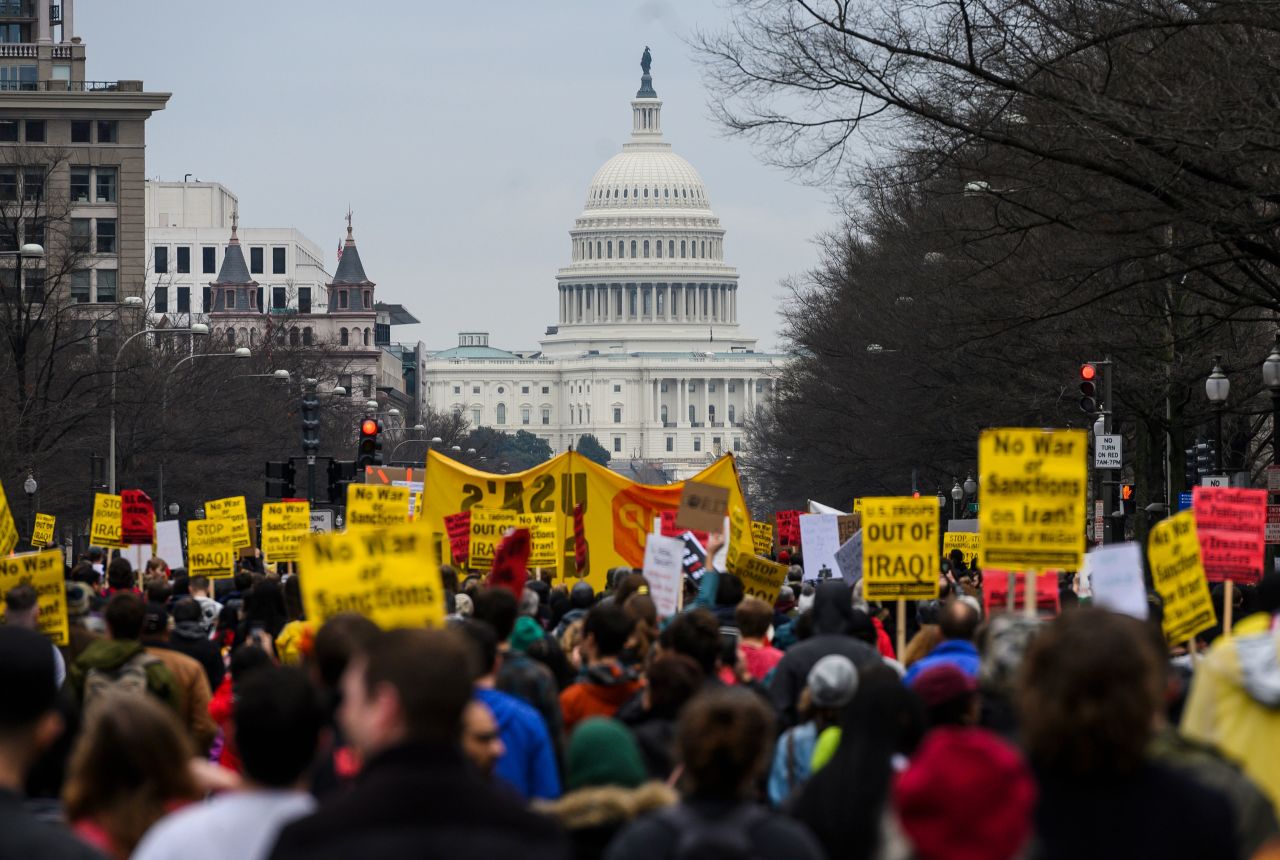 An anti-war march from the White House to the Trump International Hotel in Washington, DC, on January 4, 2020.