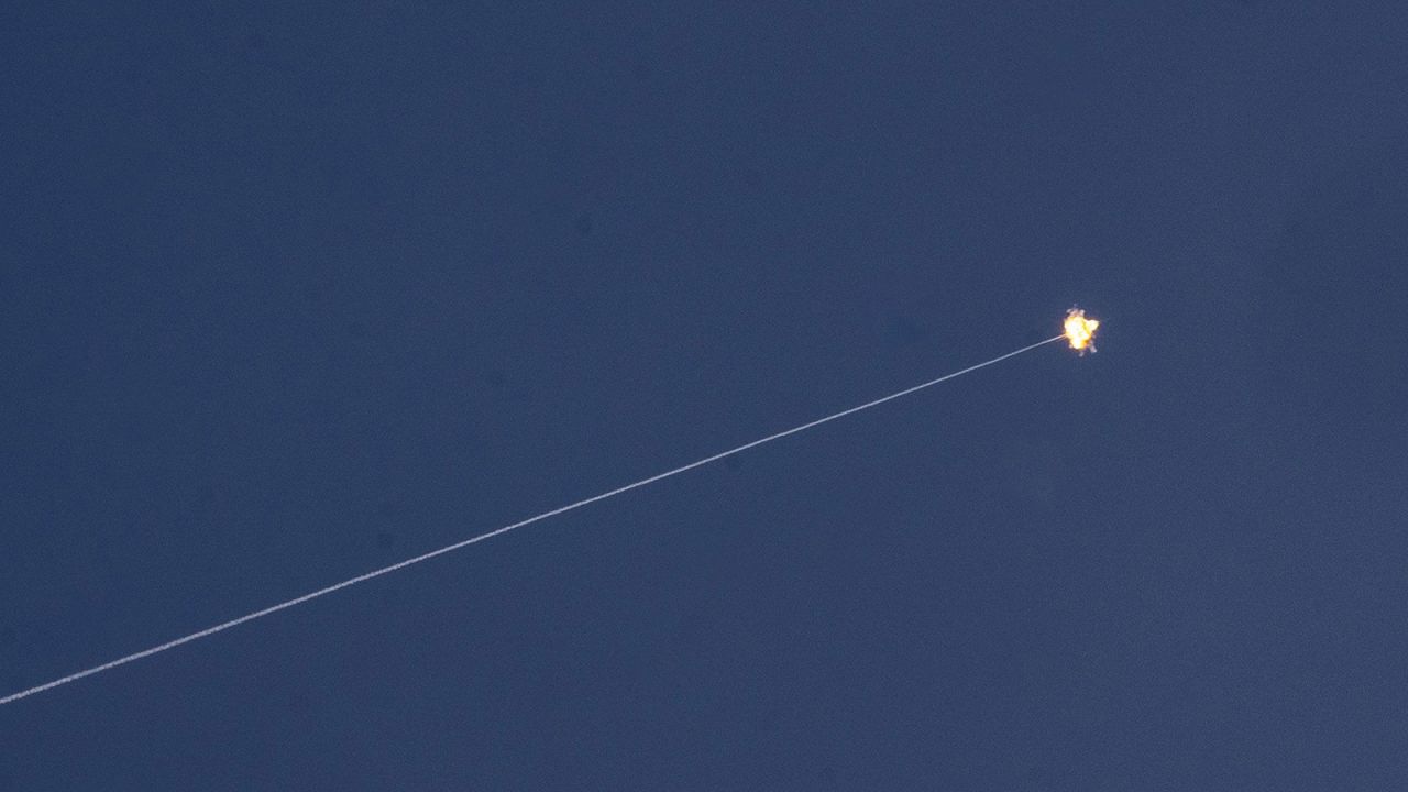 A rocket fired from Gaza is intercepted by Israel's Iron Dome defense system near Kerem Shalom, Israel, on May 7, 2024.