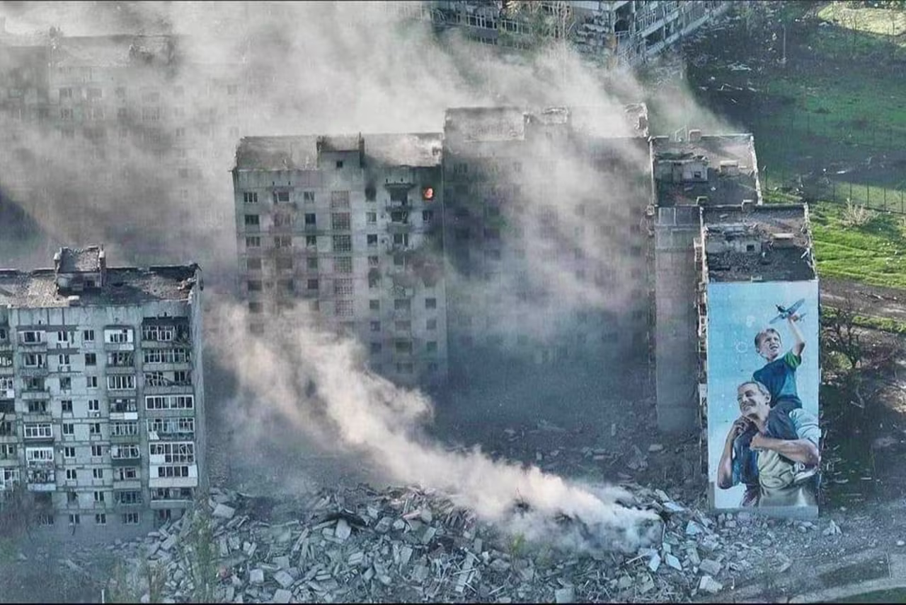 A building with a mother and child mural has been destroyed in Bakhmut, Ukraine, on April 27.