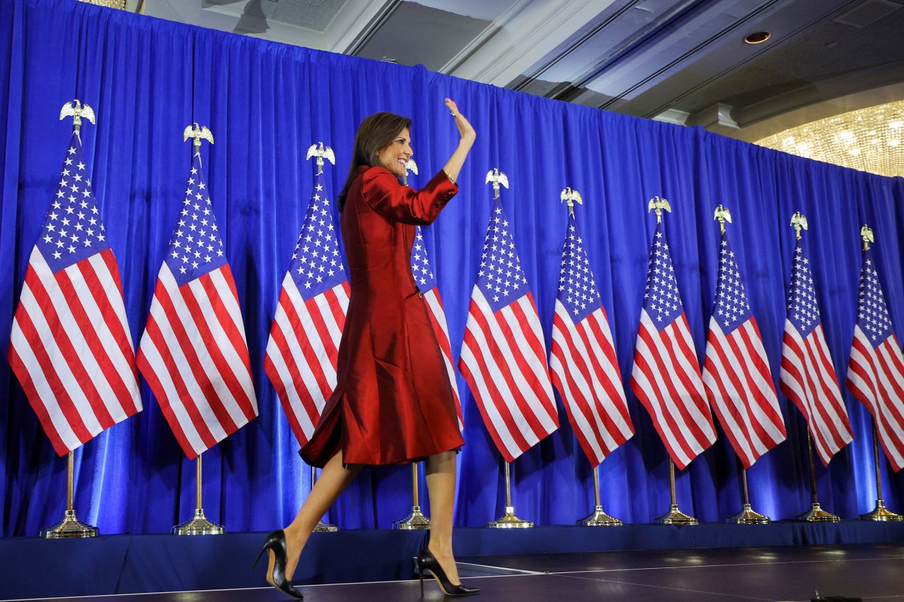 Nikki Haley walks on stage at her watch party during the South Carolina Republican presidential primary election in Charleston, South Carolina, on February 24.