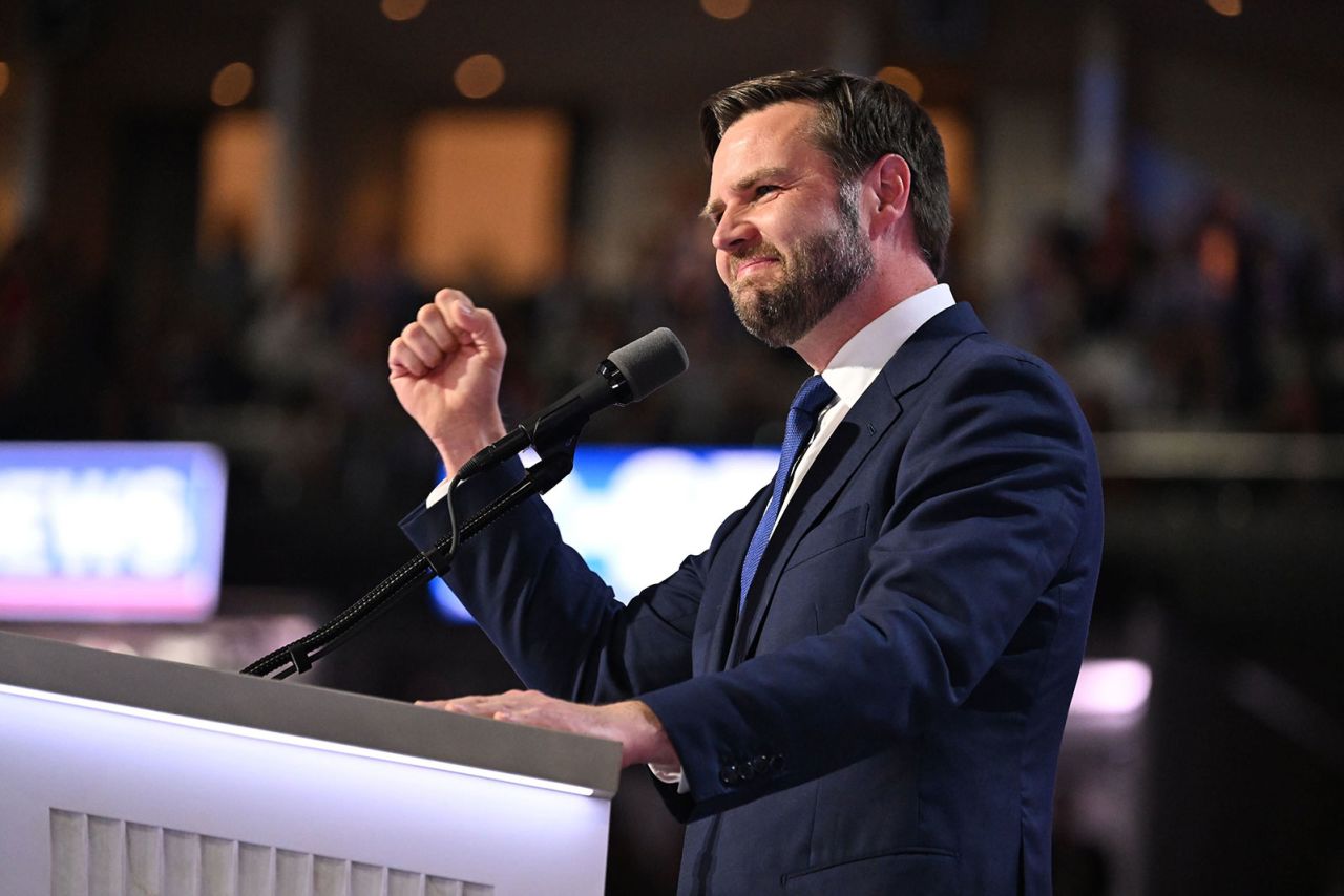 Sen. JD Vance speaks on the third night of the Republican National Convention on Wednesday, July 17, in Milwaukee.