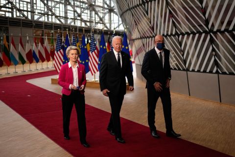 European Commission President Ursula von der Leyen, left, European Council President Charles Michel, right, and US President Joe Biden arrive for the EU-US summit at the Europa building in Brussels on June 15.