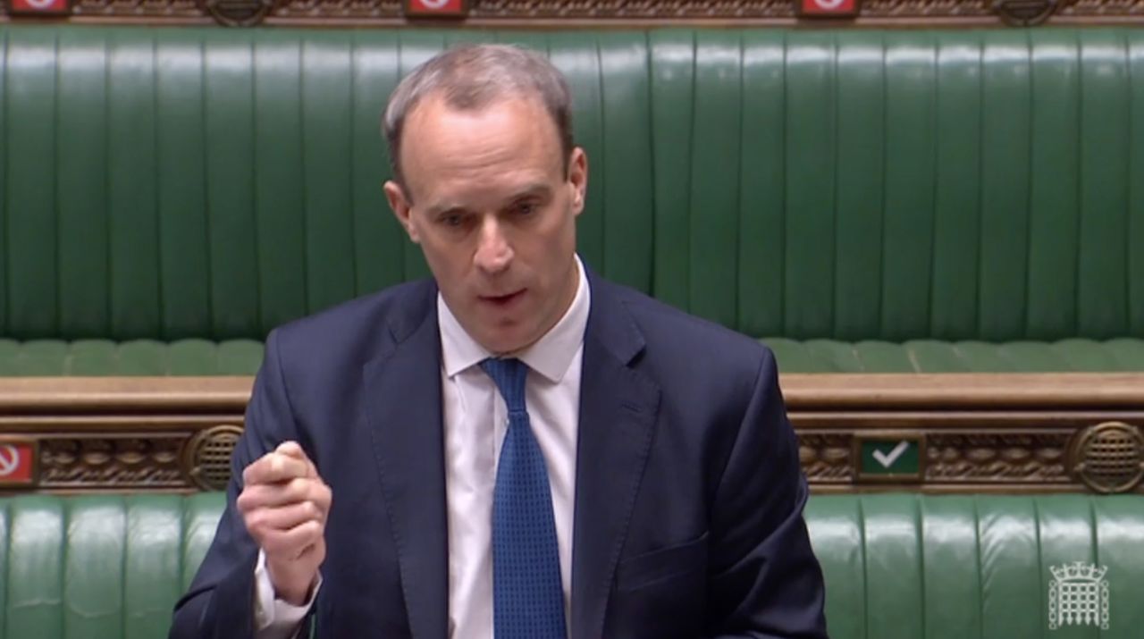 Dominic Raab speaks in the House of Commons in London, on April 22.