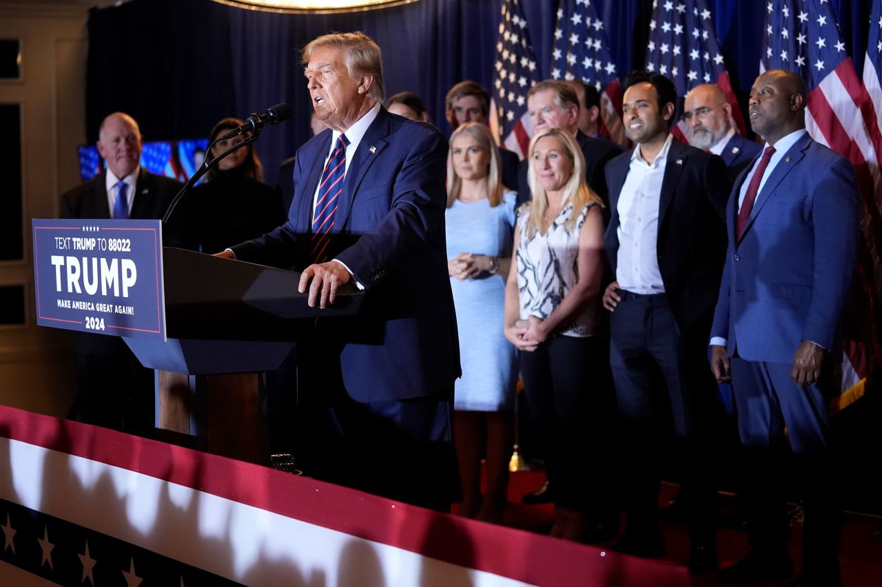 Former President Donald Trump speaks at a primary election night party in Nashua, on Tuesday.