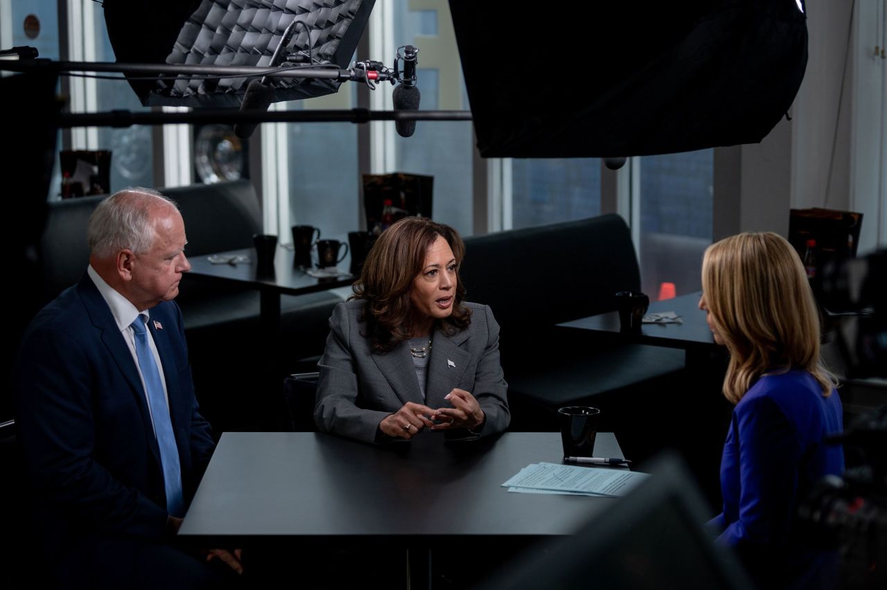 CNN’s Dana Bash, right, interviews Vice President Kamala Harris, the Democratic presidential nominee, and her running mate, Minnesota Gov. Tim Walz, in Savannah, Georgia, on August 29. It was Harris’ first in-depth interview with a major media outlet since she became the nominee. 