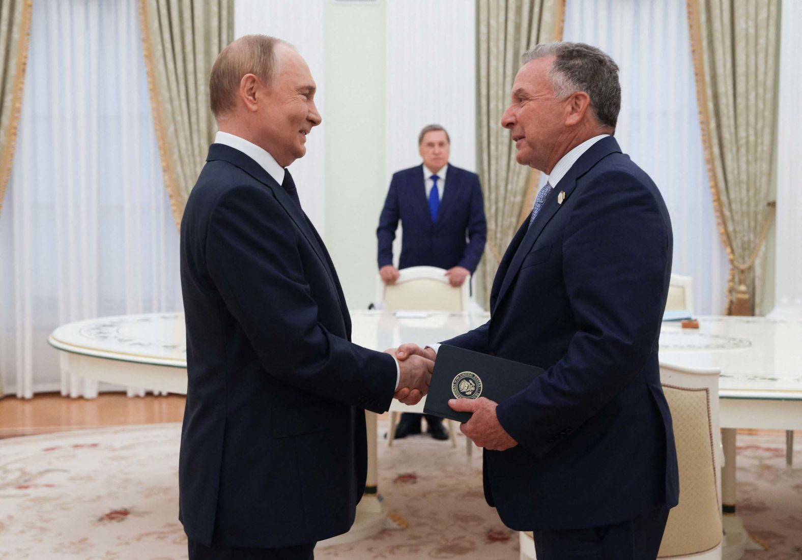In this photograph distributed by the Russian state agency Sputnik, Russian President Vladimir Putin greets US Special Envoy Steve Witkoff prior to their talks in Moscow on Wednesday, August 6.