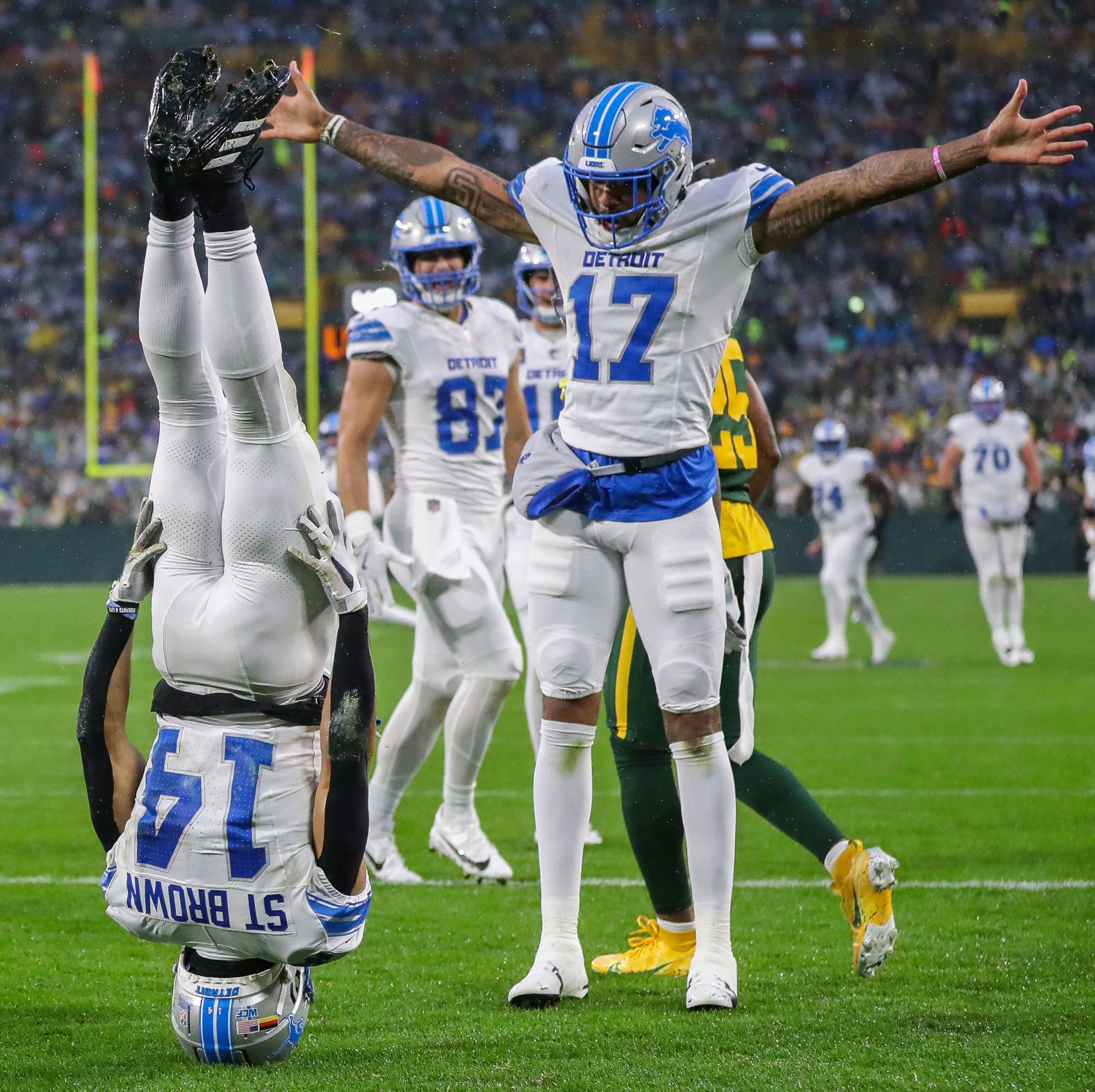 Detroit Lions wide receivers Amon-Ra St. Brown and Tim Patrick celebrate a touchdown during their team’s 24-14 win over the Green Bay Packers on Sunday, November 3. St. <a href="index.php?page=&url=https%3A%2F%2Fwww.espn.com%2Fnfl%2Fstory%2F_%2Fid%2F42175627%2Famon-ra-st-brown-drake-london-replicate-headstand-celebration" target="_blank">Brown was inspired by a touchdown celebration made the day before</a> by Jalen Walthall, a college player at Incarnate Word.