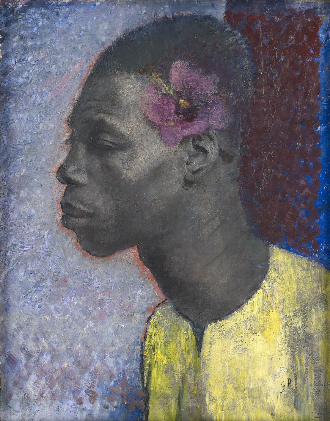 Glyn Philpot’s oil-on-canvas, “Profile of a Man with Hibiscus Flower (Félix),” is a portrait of a Caribbean model who appears across his work in 1932. Philpot, who was gay, struggled with his sexual identity and his Catholic faith, according to “The First Homosexuals,” but painted aestheticized portraits of men over the course of his career.