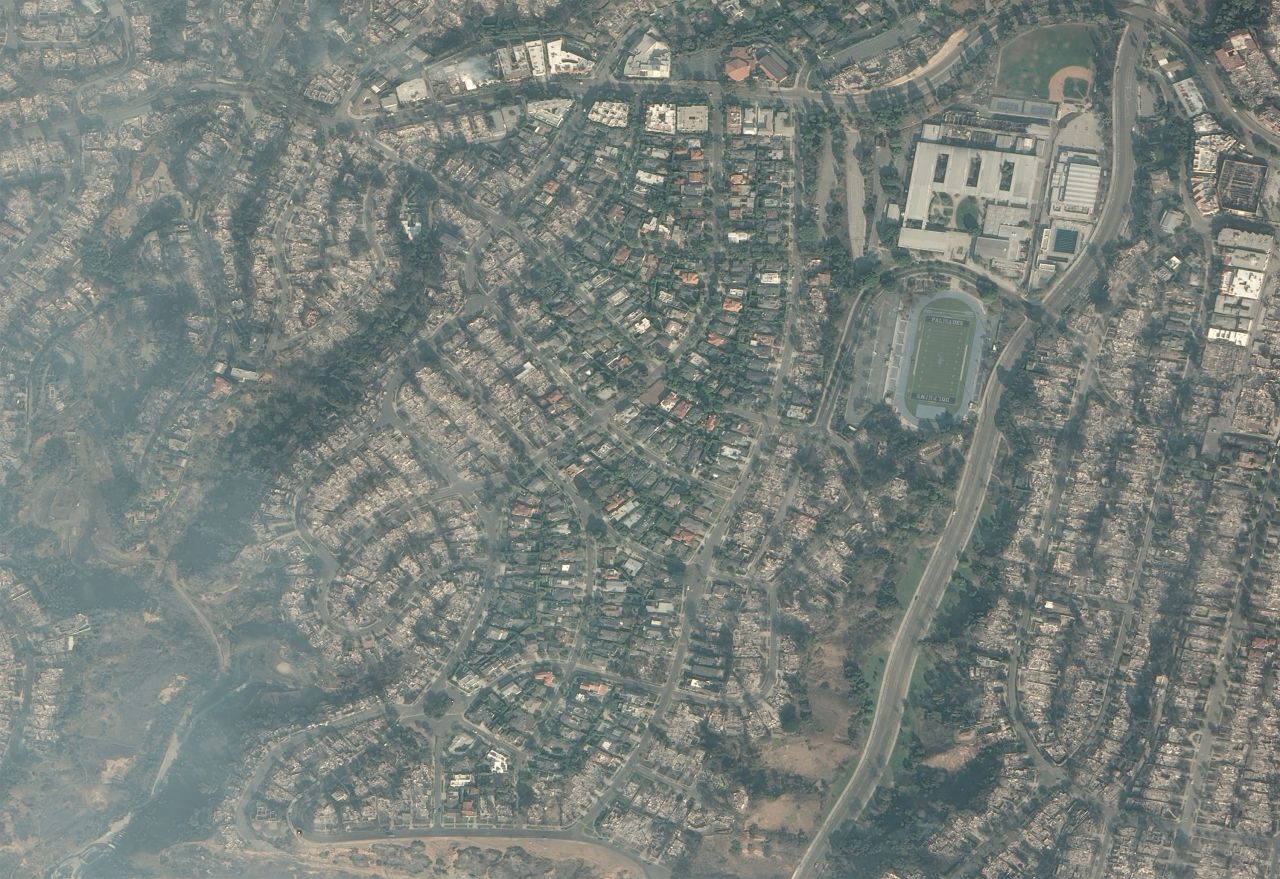 Houses near Palisades Charter High School on January 9, 2025.