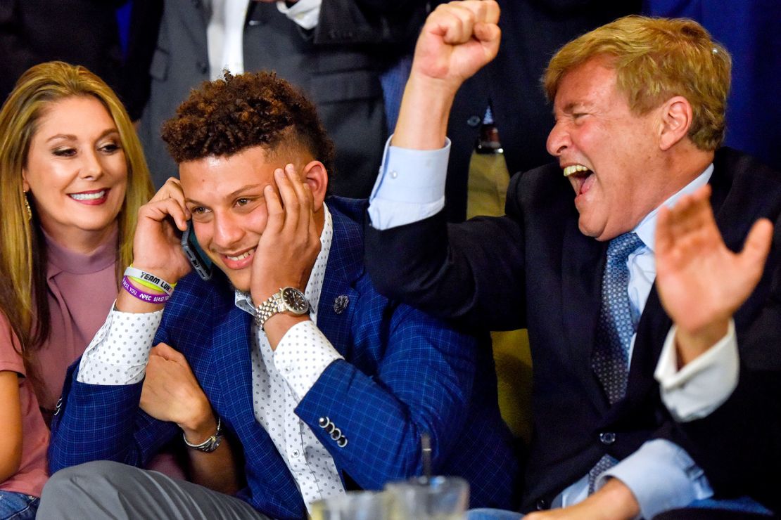 Mahomes takes a phone call after being drafted by the Chiefs.