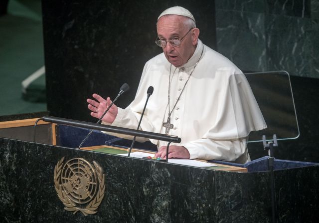 Pope Francis speaks at the United Nations General Assembly in September 2015. During <a href="index.php?page=&url=https%3A%2F%2Fwww.cnn.com%2F2015%2F09%2F25%2Fworld%2Fpope-un-speech%2Findex.html">his speech</a>, he urged world leaders to adopt concrete solutions to combat widespread poverty and environmental destruction.