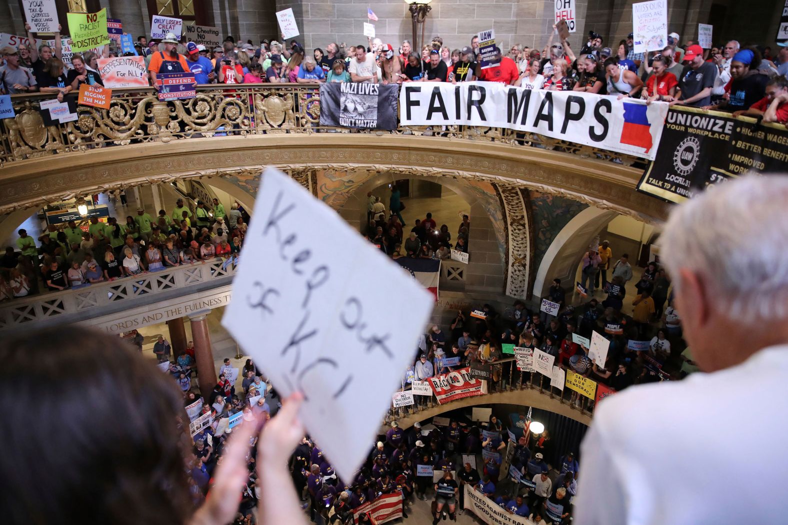 Protesters gather inside the Missouri State Capitol in Jefferson City, Missouri, on Wednesday, September 10. The Missouri House voted Tuesday to approve a new congressional map that seeks to eliminate a Democratic-controlled US House seat. <a href="index.php?page=&url=https%3A%2F%2Fwww.cnn.com%2F2025%2F09%2F09%2Fpolitics%2Fmissouri-redistricting">Missouri is the third state to press ahead with redistricting in recent weeks</a>. President Donald Trump and his allies are hunting for opportunities to add more Republican-friendly districts in several states where the GOP has full control of state governments.