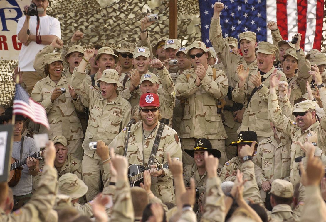 Keith performs during a United Service Organizations show on May 17, 2005, at Camp Victory in Baghdad, Iraq.