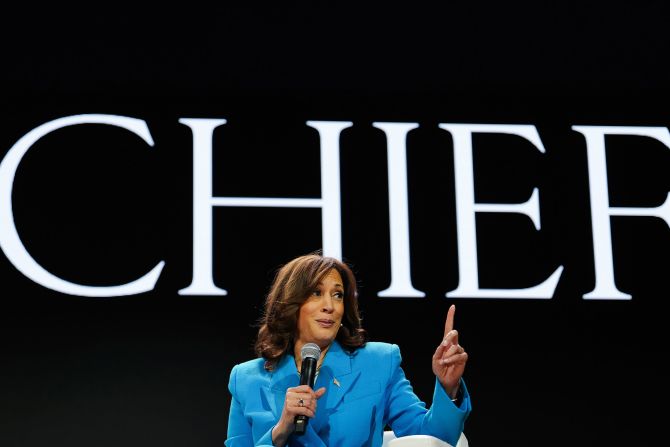 Harris speaks at the Essence Festival of Culture in New Orleans on July 6. <a >She often defended Biden</a> in the weeks following his debate with Trump.