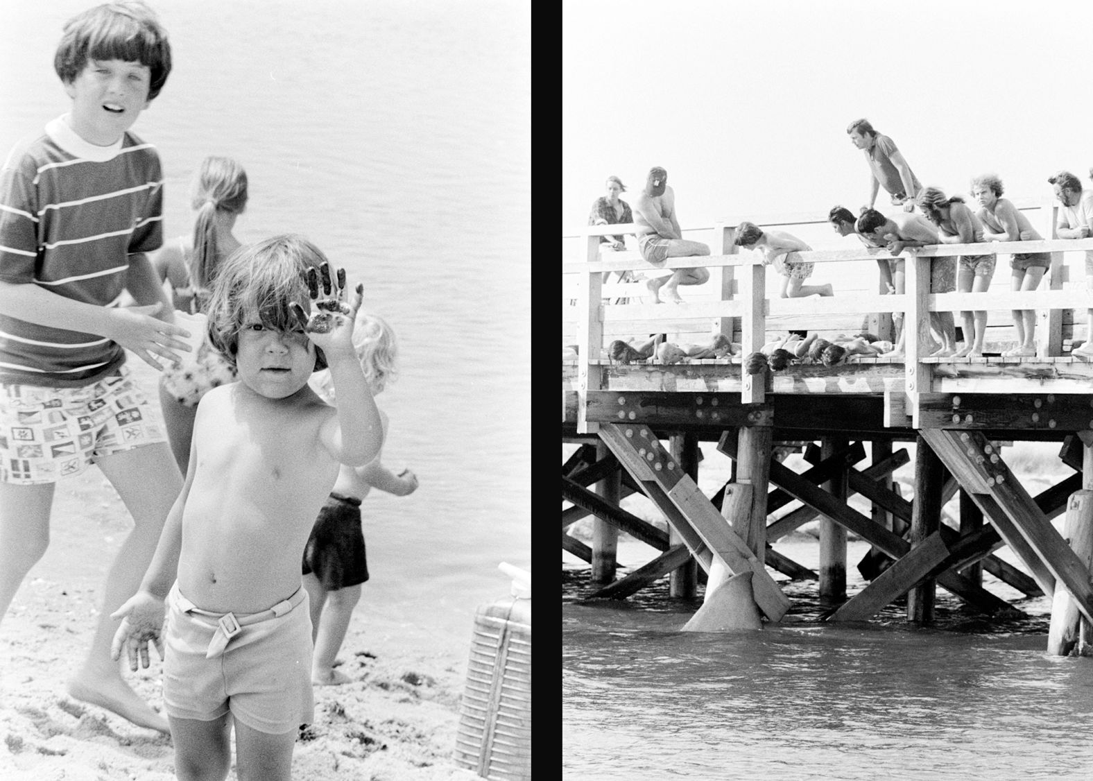 Left: Jay Mello, center, who plays Chief Brody's son Sean, displays a hand covered with fake blood. Right: Onlookers watch artificial shark fins cut through the water during a tense scene.