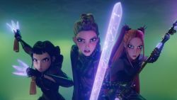 KPOP DEMON HUNTERS - (L-R) Zoey (voice by JI-YOUNG YOO), Rumi (voice by ARDEN CHO) and Mira (voice by MAY HONG) . ©2025 Netflix