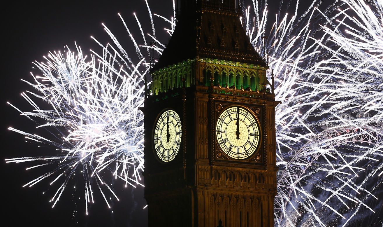 Fireworks light up the London skyline and Big Ben just after midnight Tuesday morning.