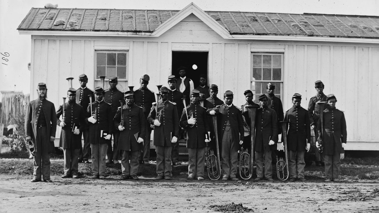 Band of 107th U.S. Colored Infantry at Fort Corcoran in Arlington, Virginia, in 1865.