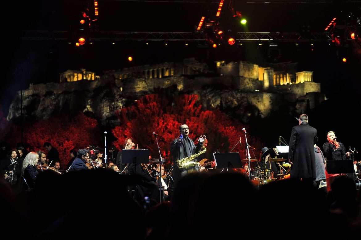 A band performs in front of the Acropolis during celebrations in Athens.