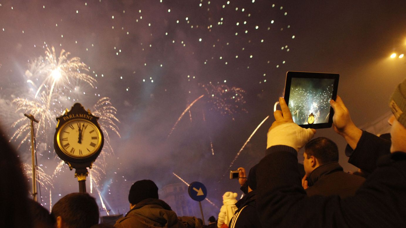 People celebrate the new year in Bucharest, Romania.