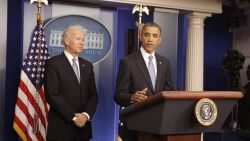 US President Barack Obama delivers a statement late January 1, 2013, at the White House in Washington DC. Obama said he had fulfilled a campaign promise to make the US tax system fairer with a deal to avert the fiscal cliff crisis that passed after a fierce duel in Congress. At left is US Vice President Joe Biden. 