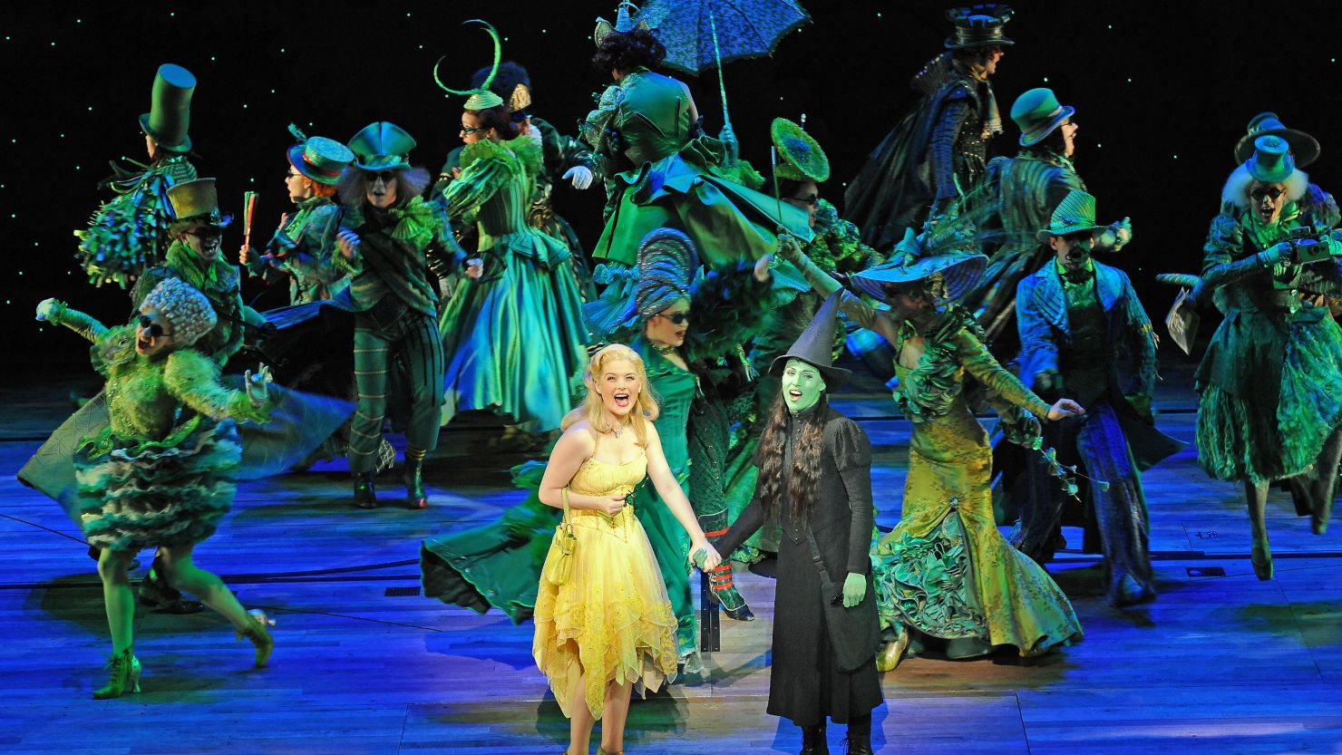 Lucy Durack as Glinda and Amanda Harrison as Elphaba in "Wicked" in Sydney in 2009.