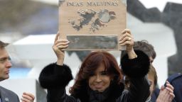 (File) Argentine President Cristina Fernandez de Kirchner holds a plaque before delivering a speech during a ceremony to mark the 30th Anniversary of the 1982 South Atlantic war between Argentina and the Britain over the Falkland Islands (Malvinas), in Ushuaia, Tierra del Fuego, some 3100 km south of Buenos Aires, Argentina on April 2, 2012.