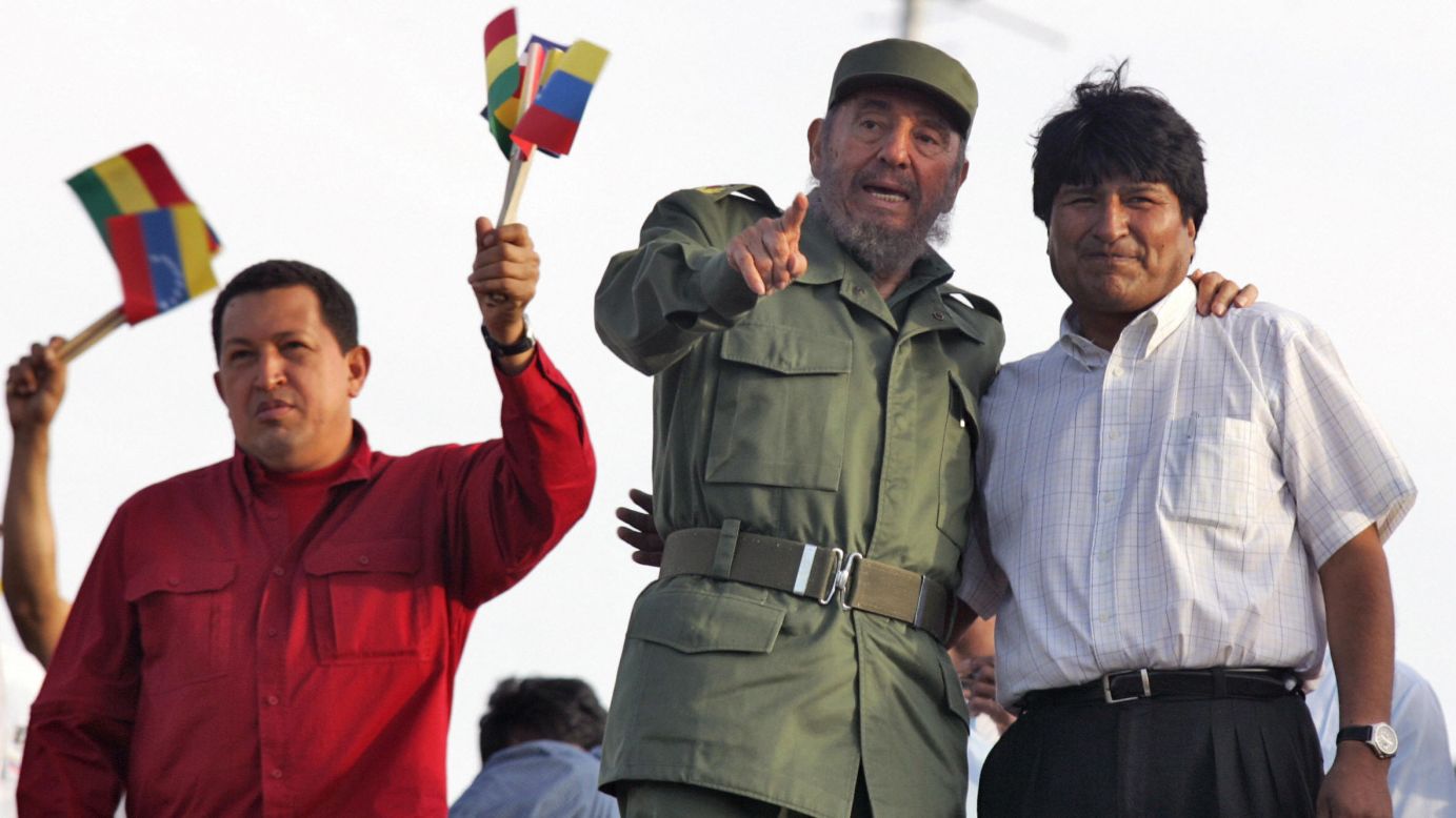 Chavez, left, stands in front of supporters with Fidel Castro of Cuba, center, and Evo Morales of Bolivia, right, during a rally at the Plaza de la Revolucion in Havana, Cuba, on April 29, 2006.