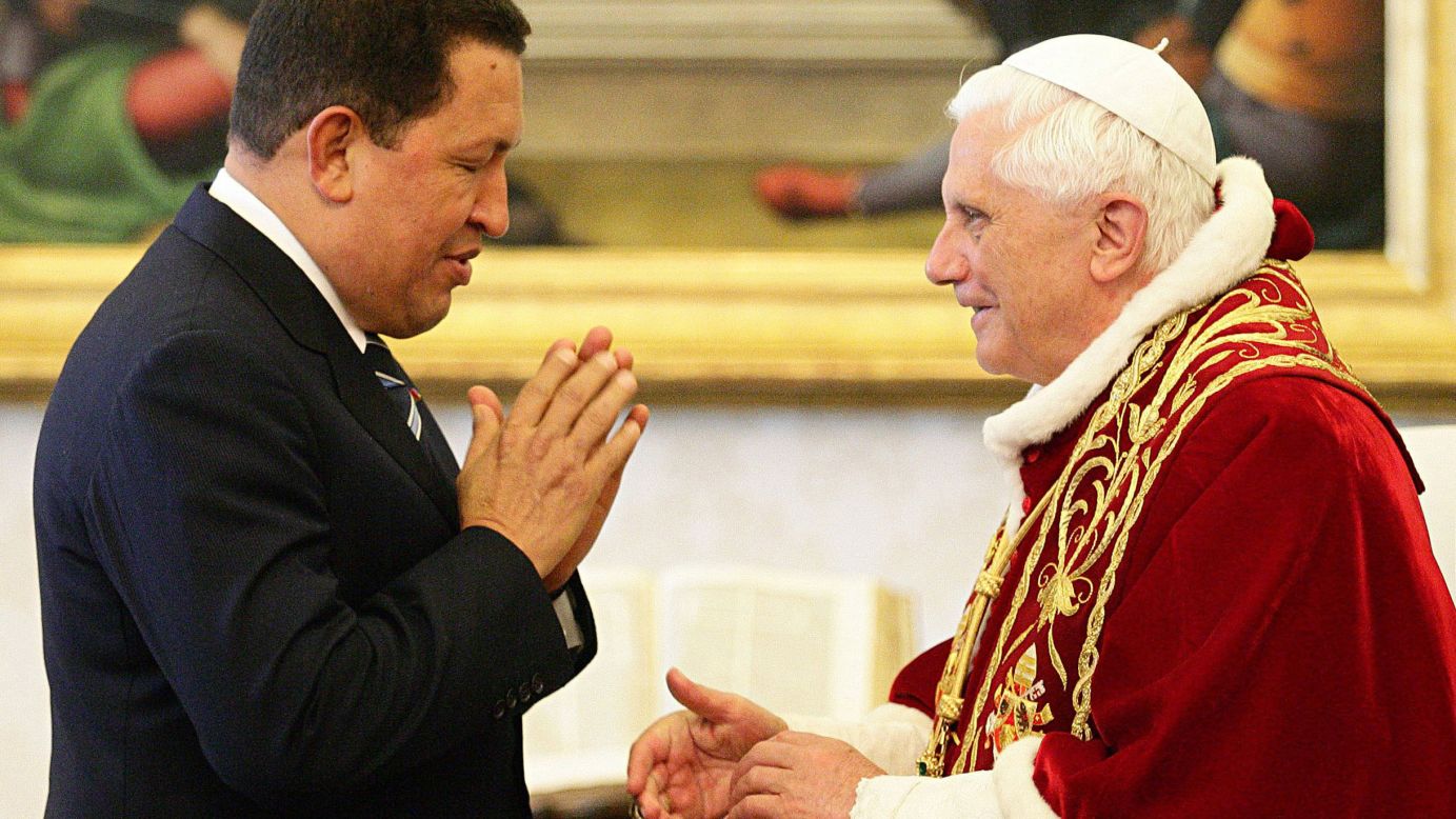 Chavez meets with Pope Benedict XVI at his private library on May 11, 2006, in Vatican City.